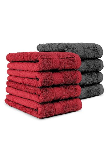 OEM Set 8 Hand Towels, Cotton, Red / Black, 50 x 100 cm