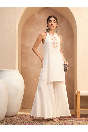 Sassafras By Styli White Embroidered Halter Kurta and Palazzo Pants Set