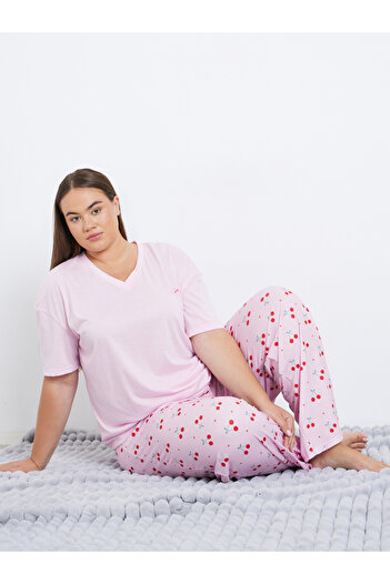 Styli Plus Cherry Print V Neck T-Shirt and Pyjama Set