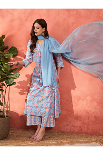 Sassafras By Styli Blue Geometric Print V-Neck Kurta with Pencil Pants and Dupatta Set