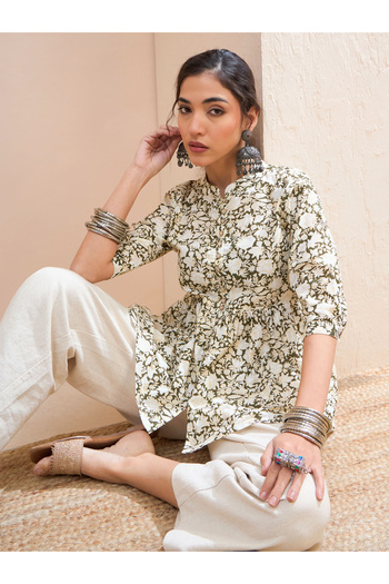 Sassafras By Styli Olive Floral Cambric Front Button Gathered Kurti