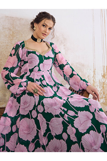 Sassafras By Styli Green and Pink Floral Sweetheart Neck Anarkali Kurta