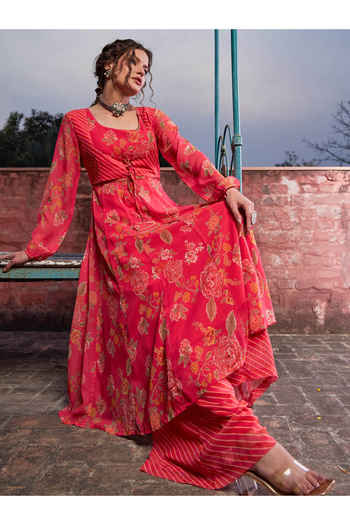 Sassafras By Styli Pink Floral Front Yoke Anarkali Kurta with Palazzo Pants Set