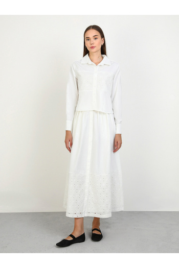 Benin By Styli Off White Buttoned Lace Detail Shirt and Maxi Skirt Co-Ords
