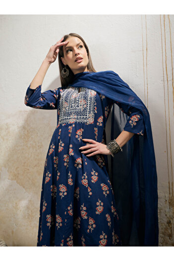 Sassafras By Styli Navy Floral Anarkali Kurta with Pants and Dupatta Set