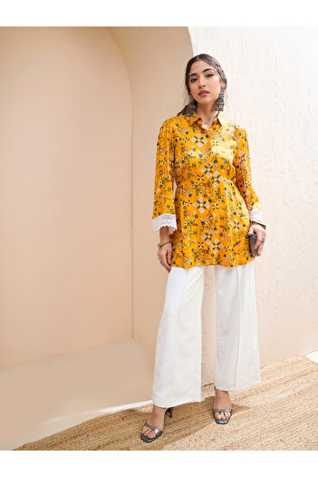 Sassafras By Styli Mustard Floral Buttoned Collar Neck Kurti