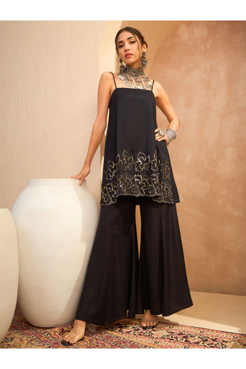 Sassafras By Styli Black Embroidered Strappy Kurta and Palazzo Pants Set