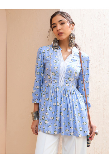 Sassafras By Styli Blue Floral Front Lace Peplum Kurti