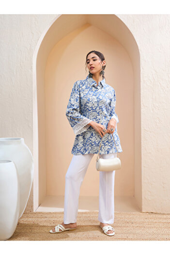 Sassafras By Styli Blue Floral Buttonned Collar Neck Kurti