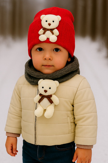 GONCA ŞAPKA Children's Winter Beanie with Plush Teddy Bear