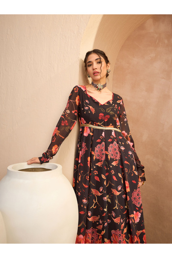 Sassafras By Styli Black Floral Georgette Anarkali Kurta