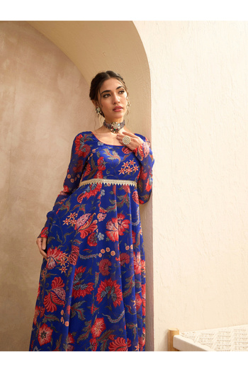 Sassafras By Styli Blue Floral Scoop Neck Anarkali Kurta