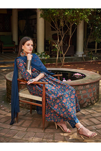 Sassafras By Styli Navy Floral Front Dori Gathered Kurta with Pencil Pants and Dupatta Set