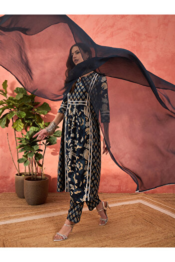 Sassafras By Styli Navy Floral Anarkali Kurta with Pencil Pants and Dupatta Set