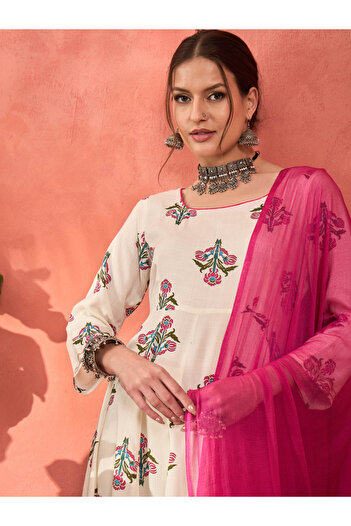 Sassafras By Styli White Floral Rayon Anarkali Kurta with Straight Pants and Dupatta Set