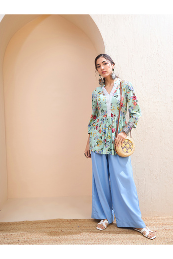 Sassafras By Styli Green Floral Front Lace Peplum Kurti