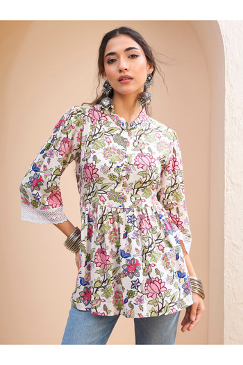 Sassafras By Styli White Floral Buttoned Gathered Kurti