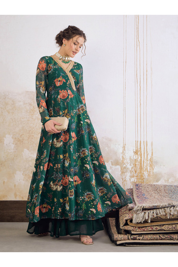 Sassafras By Styli Green Floral Print Wrap Anarkali Kurta