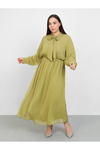 Alia By Styli Plus Olive Tie-Up Neck Maxi Dress