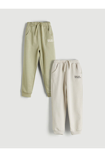 LC Waikiki Lcw Kids Beige Elastic Waistband Printed Boys' Jogger Sweatpants, Pack of 2