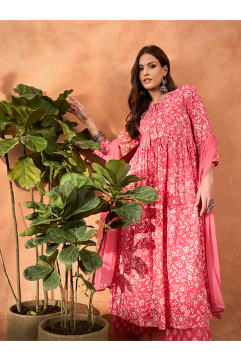 Sassafras By Styli Pink Floral Round Neck Gathered Kurta with Pencil Pants and Dupatta Set