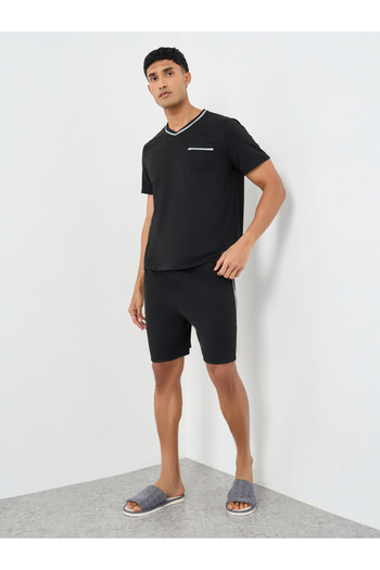 Styli Men Black V Neck T-Shirt and Piping Detail Shorts Set