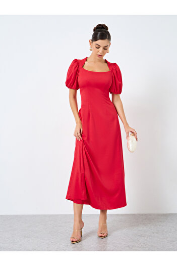 Styli Solid Puff Sleeve Square Neck Midi Dress