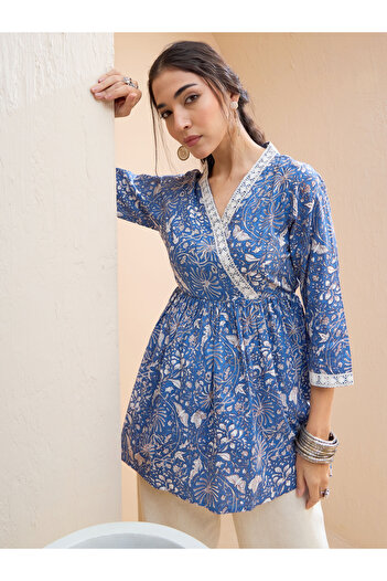Sassafras By Styli Blue Floral Cambric Wrap Peplum Kurti