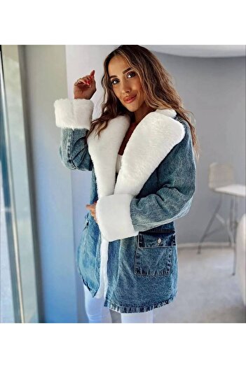 ibeeka Palton din denim cu blană pentru femei - guler și mâneci din blană albă de înaltă calitate
