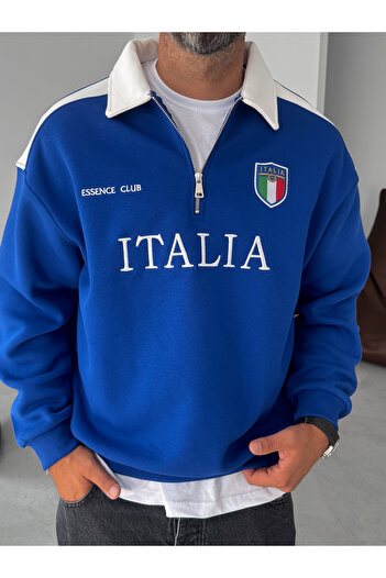 BYBASICMAN Mavi Italy Nakışlı Oversize Sweatshirt ES-71-80