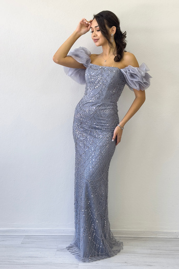 zks grup tekstil Off Shoulder Fish Design Sequin Evening Dress White, Black, Grey, Navy Blue, Lilac