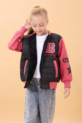 Perendi Girl's Plush Quilted College Jacket – Black