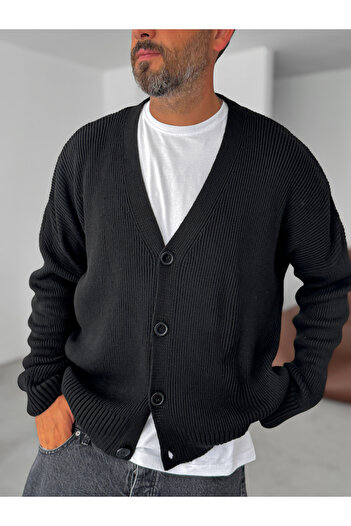 BYBASICMAN Siyah Düğmeli Oversize Örme Hırka PM-021