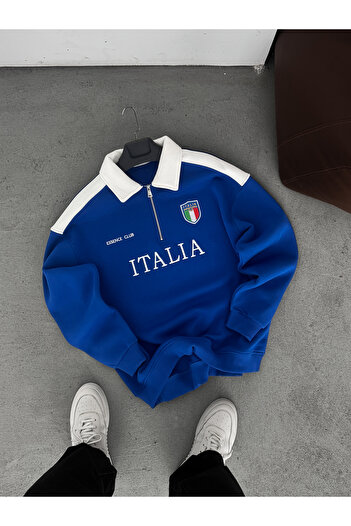 BYBASICMAN Mavi Italy Nakışlı Oversize Sweatshirt ES-71-80