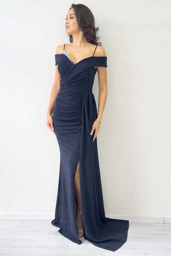 zks grup tekstil Glittery Straps Off-Shoulder Stone Detailed Slit Evening Dress Black, Purple, Navy Blue, Gold, Burgundy