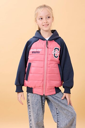 Perendi Girl's Plush-Lined Hooded Quilted College Jacket – Dried Rose