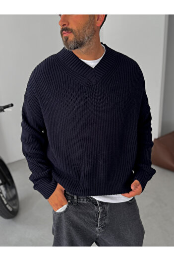 BYBASICMAN Navy Blue Embroidery Detailed V-Neck Knitted Sweater Tw-1014
