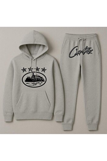 Elvino Hooded Crtz Printed Oversize Women'S/Men's Unisex Winter 3 Thread Gray Tracksuit Set