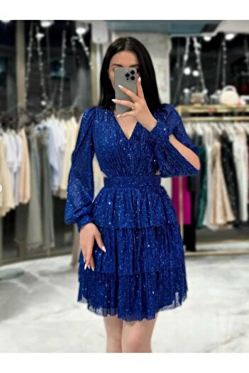 maf collection Women's Blue Sequin Low Back Mini Evening Dress