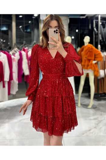 maf collection Women's Red Sequin Low-Cut Mini Evening Dress