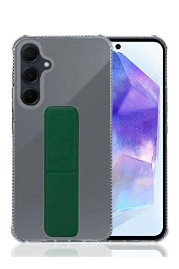 Generic Protective cover with finger grip stand for Samsung A14 5G transparent with dark green (olive) kicks