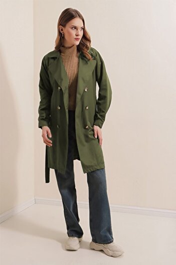 Kanonik Education 5864 Double Breasted Collar Short Trench Coat - Khaki