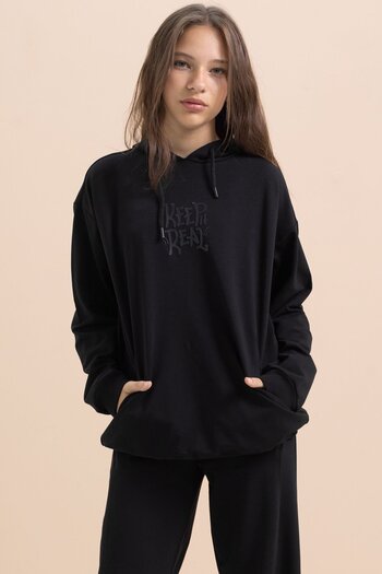 Cansın Mini Black Text Printed Hooded Wide Leg Girls' Tracksuit Set 21429
