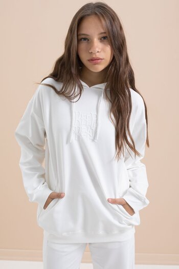 Cansın Mini White Text Printed Hooded Wide Leg Girls' Tracksuit Set 21433