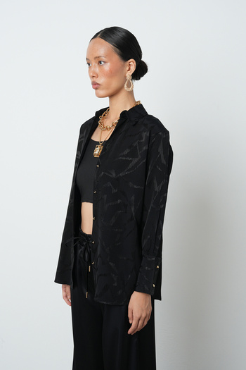 Orfeo Negro Women's V-Neck Detailed Black Patterned Gold Buttoned Shirt