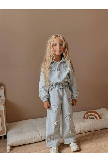 Kidmark Çocuk Modası Girl's Floral Patterned Denim Top and Bottom Set