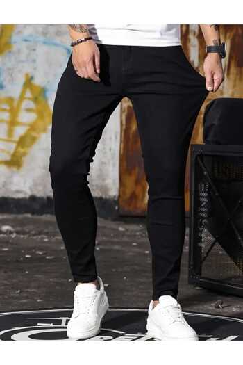 moda camiya Men's Black High Waist Zippered Straight Leg Comfortable Fit Lycra Jeans