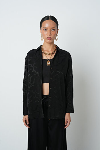 Orfeo Negro Women's V-Neck Detailed Black Patterned Gold Buttoned Shirt