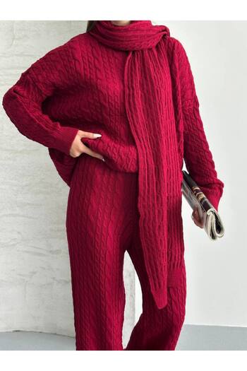 ZF BUTİK Scarf, Braided Hair, Knitwear, Pants, Bottom, Top Set