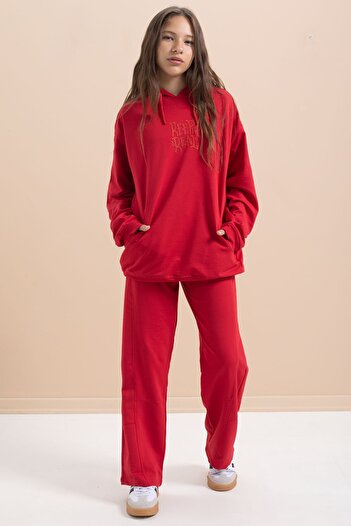 Cansın Mini Red Text Printed Hooded Wide Leg Girls' Tracksuit Set 21431